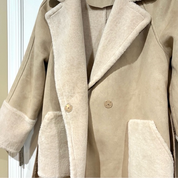 Tahari Sz 10/12 Faux Suede Long Trench Coat, Cream Fur Trim women’s large - Picture 5 of 16